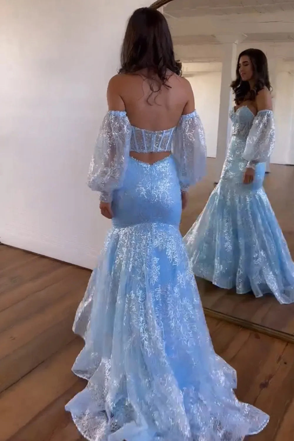 Wholesale Gorgeous Light Blue Mermaid Backless Long Prom Dress With Detachable Sleeves prom clothing